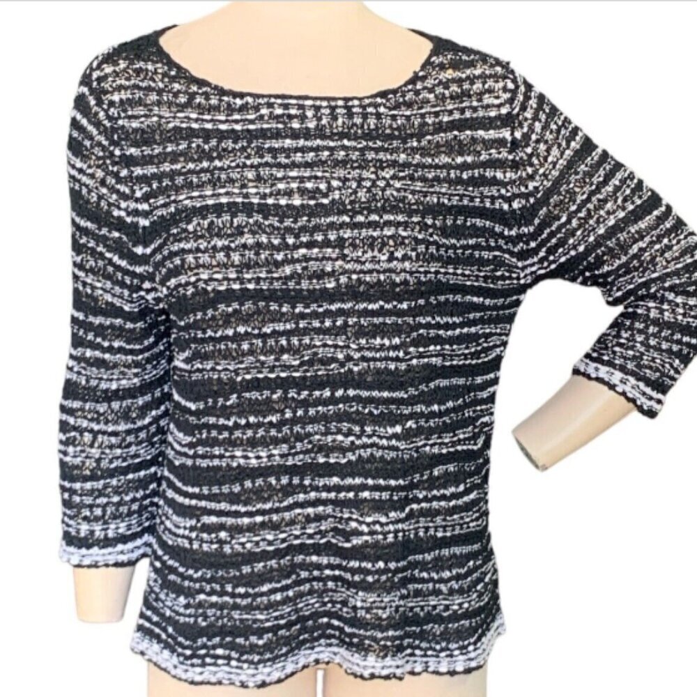 Eileen‎ Fisher Cotton Tape Wave/Ribbon Knit Pullover Top Sz PM Black #126B